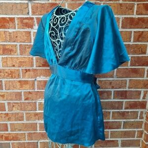 Vintage Satin Top Silky TEAL Sleek Low Cut Vee Neck Tie Back Waist Fitted Y2k